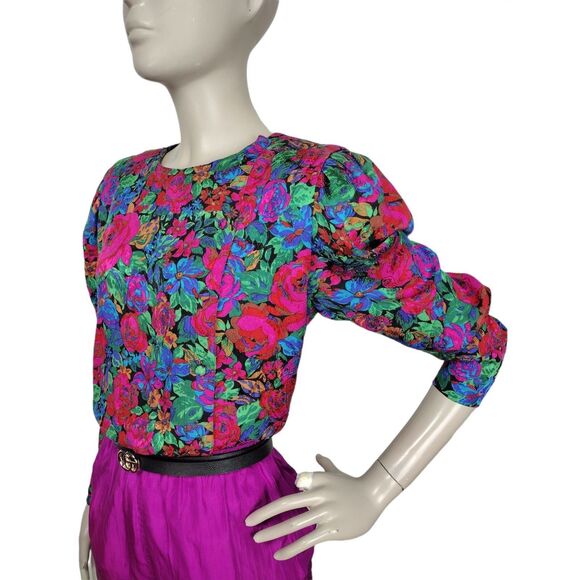 Saks Fifth Avenue Vintage 80s 100% Silk Floral High Shoulder Button-Down Blouse - Picture 2 of 11